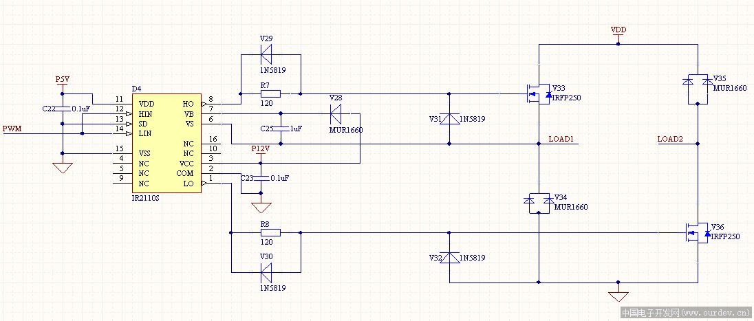 使用2110与两个irfp250组成了一个半桥电路驱动一个感性负载,使用