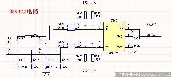 422的电路图如下,rx和tx接到stm32的usart口,感觉电路应该是正常的.