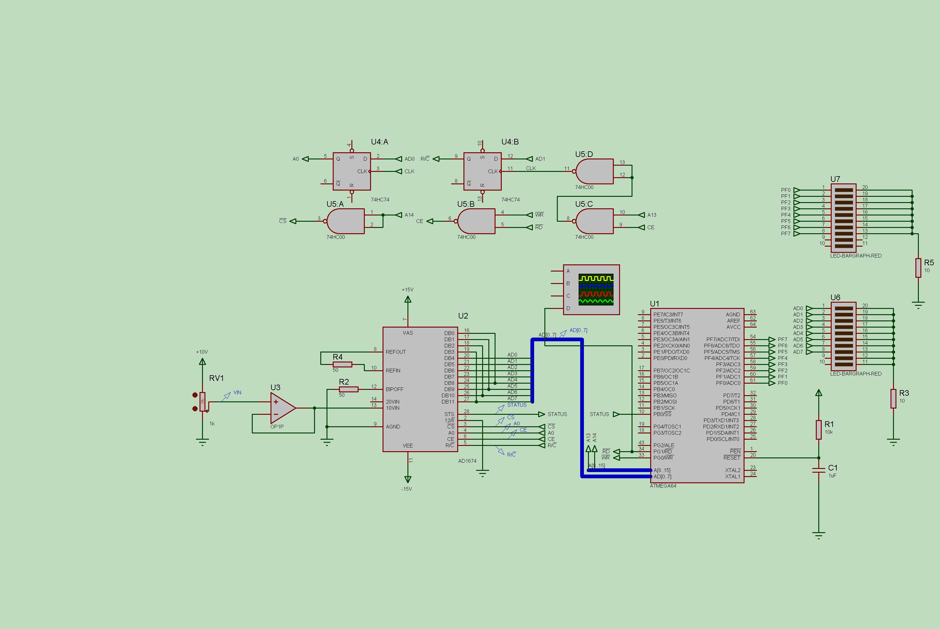 求助:用m64总线模式读取ad1674,可以转换,但数据读不出来,附原程序和