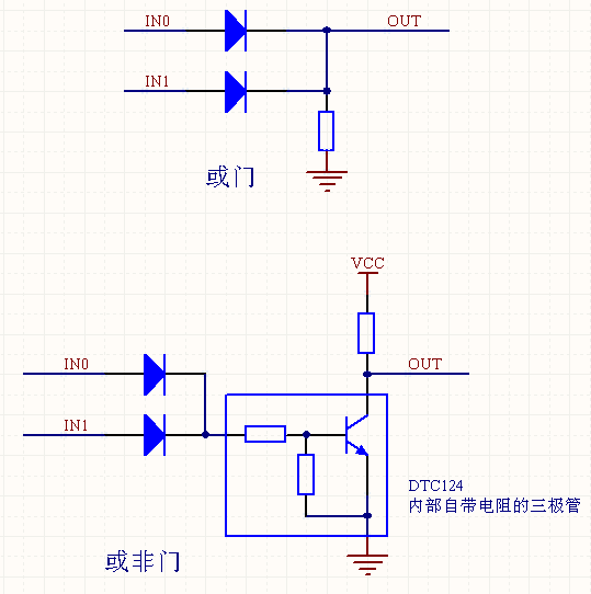 请问如何用三极管或二极管搭建或门或者或非门